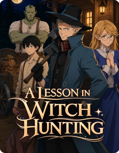 Witch hunter and all the resodents of the house stand near one another